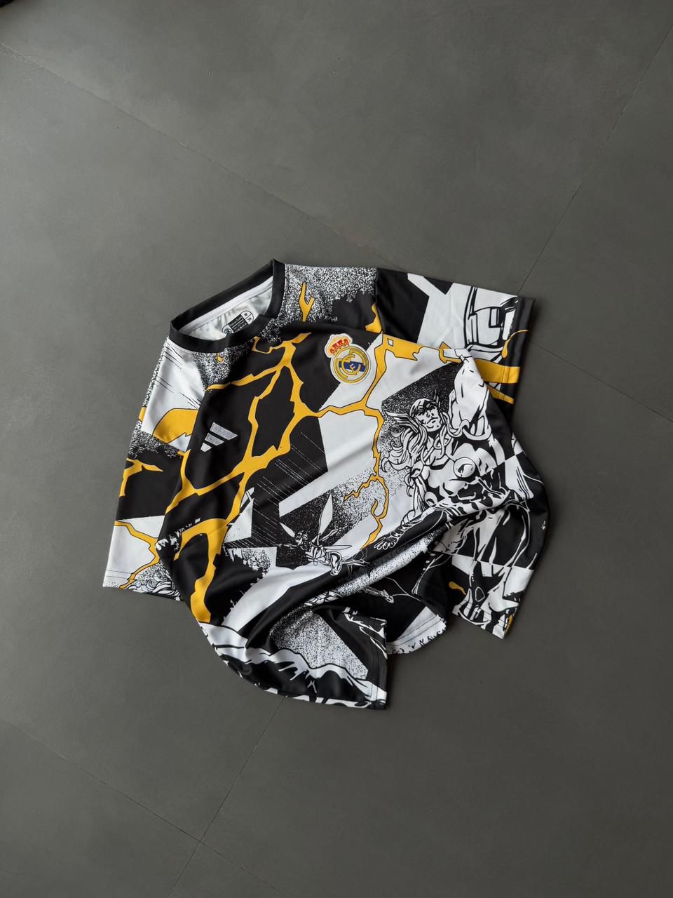 Real Madrid Avengers 2025/26 Pre-Match embroidery (Half-Sleeve Jersey), featuring a superhero-inspired design