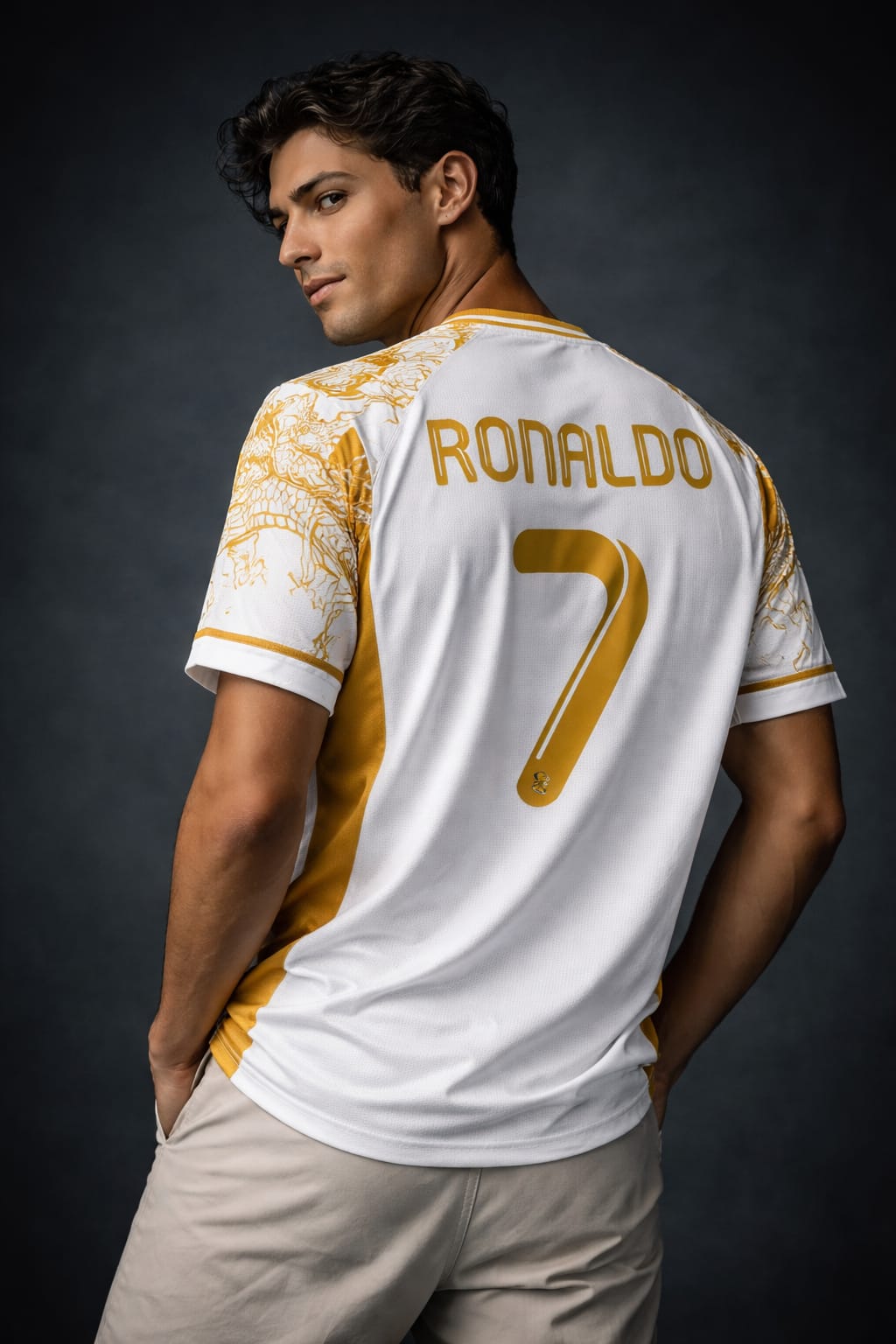 Gold Special Edition Real Madrid Jersey – CRISTIANO Edition - Half Sleeve (Dragon Design, Full Sublimation)