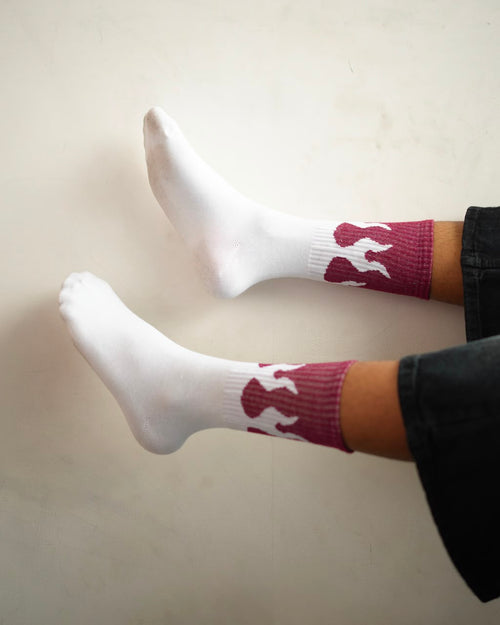Classic Flame Crew Socks – White & Burgundy