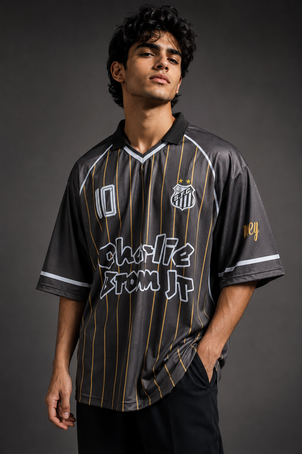 Santos FC Neymar Jr. #10 Retro Five-Sleeve Jersey – Charcoal Gold Edition